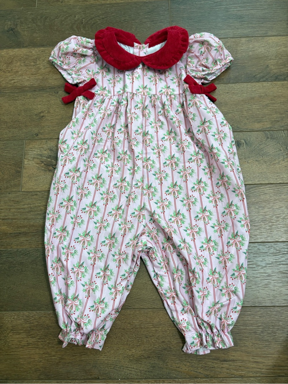 James & Lottie Christmas Bubble Romper Pink Holly Bows Red Cord Collar 18M